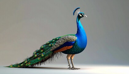 Obraz premium 3D Pfau, stehend mit aufgestelltem Rad, Studio-Licht, fotorealistisch, leuchtende Farben