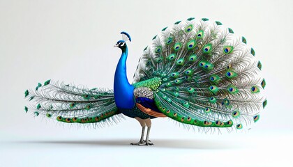 3D Pfau, stehend mit aufgestelltem Rad, Studio-Licht, fotorealistisch, leuchtende Farben