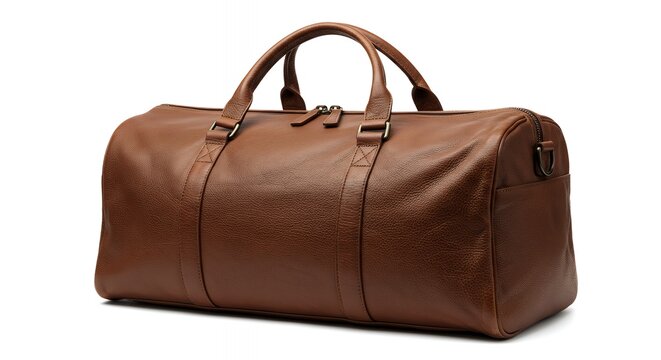 Classic Brown Leather Duffel Bag for Travel, Gym, or Weekend Getaways, Isolated on White Background
