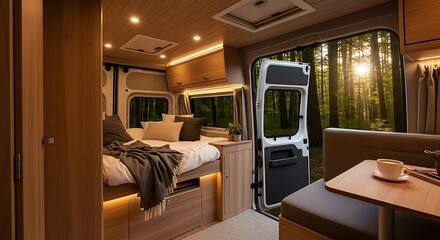 Modern Campervan Interior Design with Cozy Bed and Outdoor View.