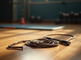 Skipping rope coiled neatly on polished wooden gym floor with soft lighting and blurred equipment in background