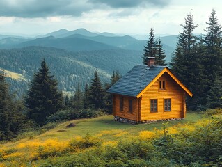 A rustic wooden cabin sits on a grassy hill with yellow flowers overlooking misty mountains