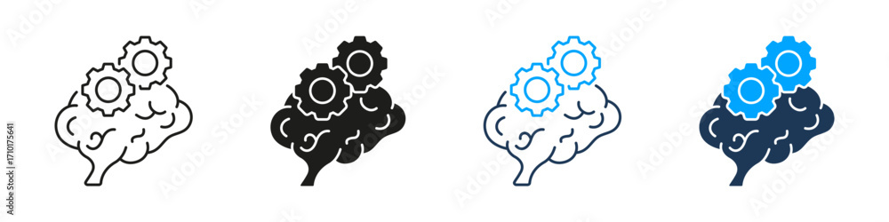 Aufkleber artificial intelligence brain with gears concept line and solid icon set. cognitive mind machine lea