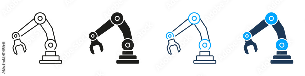 Poster industrial robotic arm icon set, automation and manufacturing robot arm symbols in line and solid st
