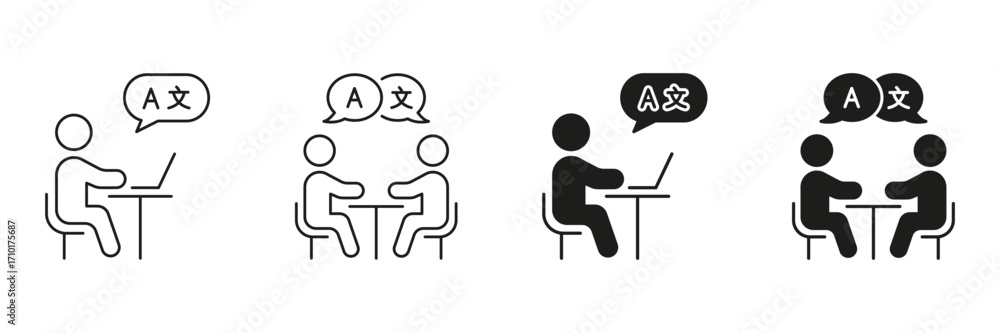 Poster language learning and online communication line and solid icon set. multilingual interaction and int
