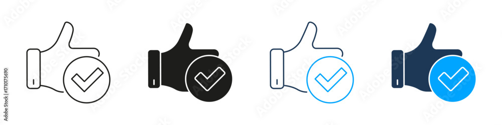 Poster thumbs up with checkmark line and solid icon set. approval, validation, and positive feedback symbol