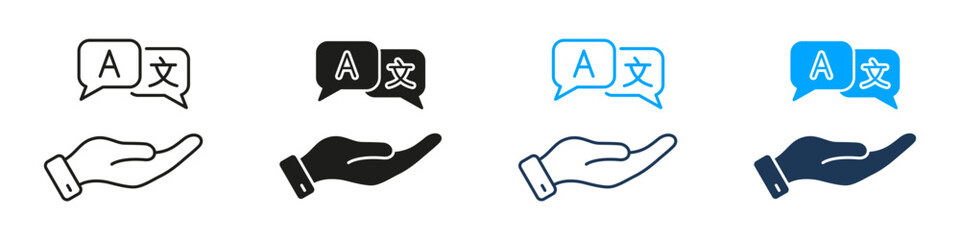 Hand Offering Language Translation Line And Solid Icon Set. Multilingual Communication And Translation Service Symbol Collection. Language Support And Global Interaction. Isolated Vector Illustration