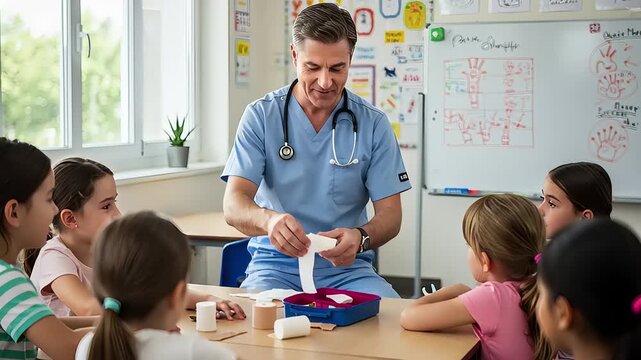 Doctor teaching children about medical supplies in a classroom setting with educational posters