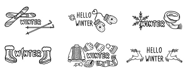 Set of winter holiday illustrations. Winter card design.