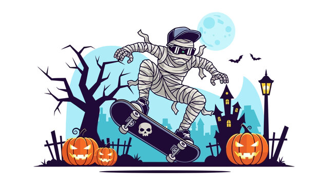 Mummy Skateboarding on Halloween Night: A cool mummy figure, wrapped in bandages and donning sunglasses and a cap, performs an awesome skateboarding trick under the moon and a silhouette castle.