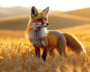 Fototapeta premium A red fox stands alert in a golden wheat field during a warm sunset with soft light illuminating rolling hills in the background