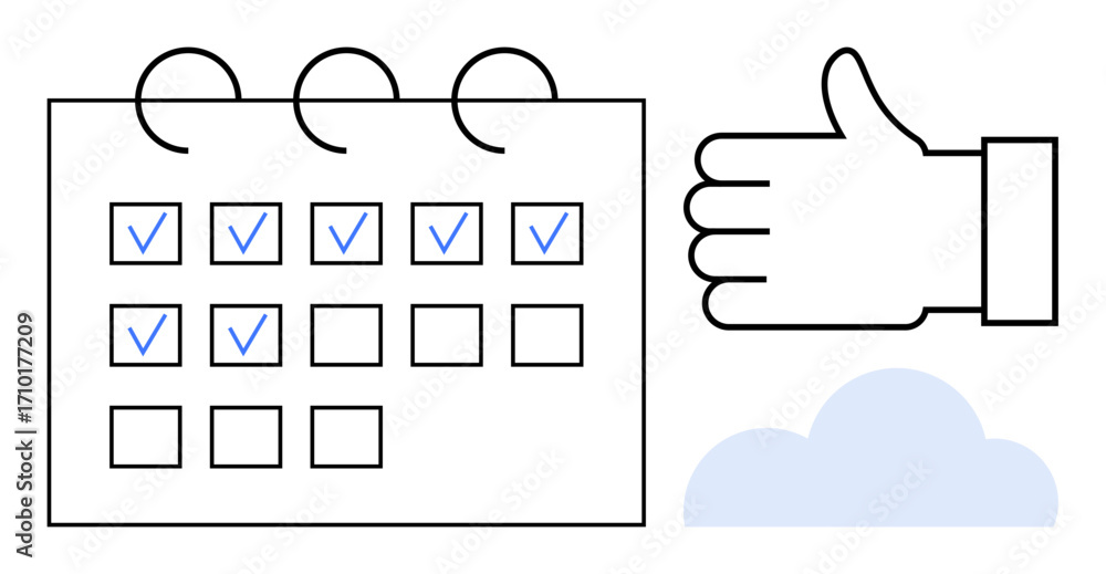 Aufkleber hand-drawn calendar marked with task checkmarks next to a thumbs-up and blue cloud. ideal for produc