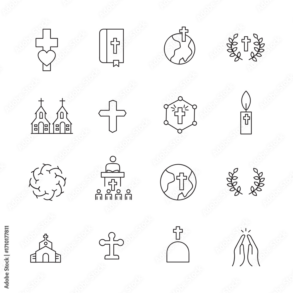 Poster christian religion line icon set. editable stroke. vector trendy style illustration for web and app.