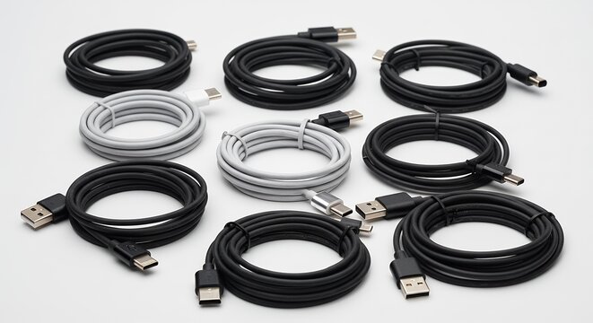 Neatly coiled black and white USB data and charging cables, modern tech accessories on a clean background.