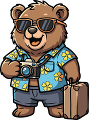 Happy Traveler Bear Mascot with Camera and Suitcase for Vacation