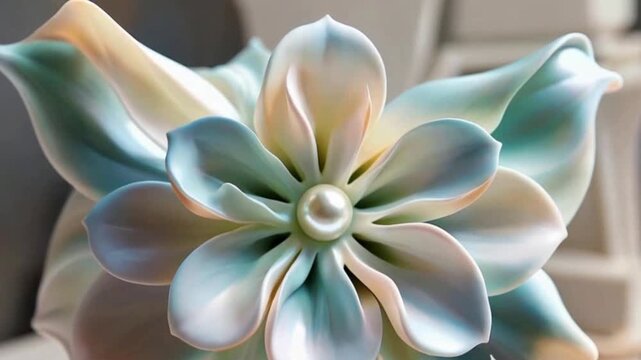 Floral Fantasy: Delicate flower in soft hues of blue, teal, and creamy yellow, creating an aura of elegance and serenity. The petals unfurl in a symphony of form, with a pearl at the heart