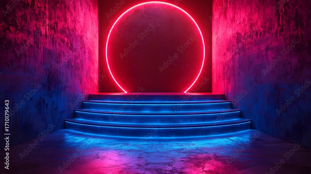 Poster futuristic concrete corridor with glowing red neon circle and illuminated blue stairs creating an ab