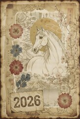 2026年_年賀状_素材_縦_イラスト_レトロ_白馬_01