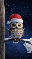 A cute owl in a Santa hat in a Christmas forest . Generative AI