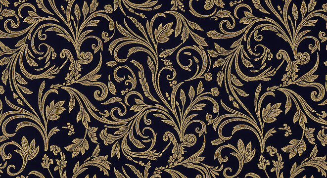 Intricate gold damask pattern on dark background seamless textile design