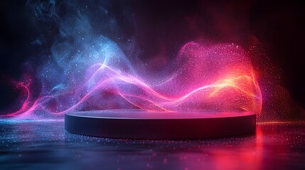 A dark futuristic stage with a circular podium bathed in vibrant neon pink and blue swirling light and particles