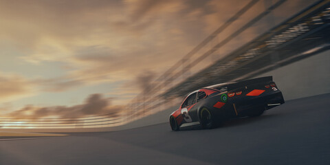 Race cars on 3D track without any branding. 3D render.