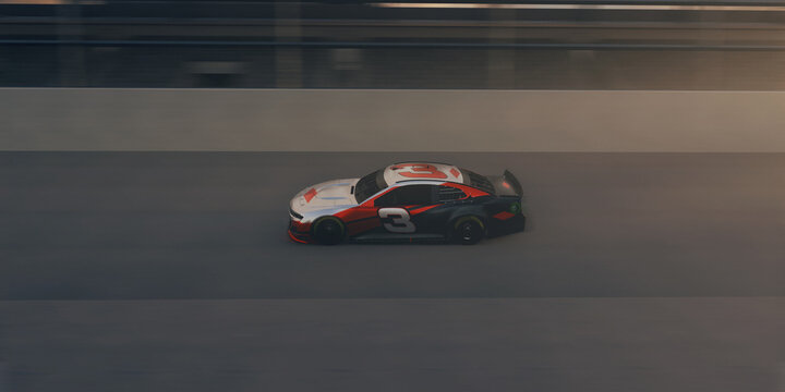 Race cars on 3D track without any branding. 3D render.