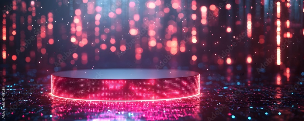 Poster a futuristic neon podium glows on a digital matrix background with abstract bokeh lights