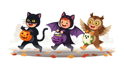 Halloween Trio: A group of children dressed in delightful costumes gleefully collecting treats on a spooky Halloween night, their smiling faces illuminated by the festive spirit.