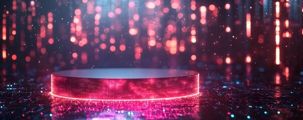 A futuristic neon podium glows on a digital matrix background with abstract bokeh lights