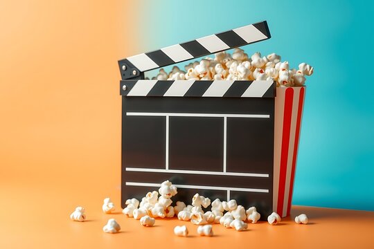 Generative AI cinema clapperboard filled with popcorn.