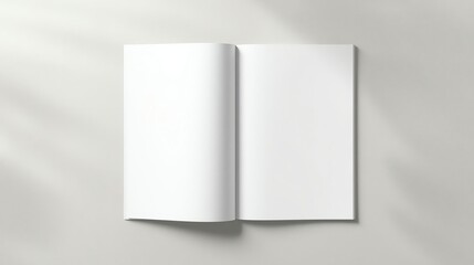 Blank open magazine on table ready for mockup, design, or editorial presentation with soft shadows and minimalist background for creative projects.