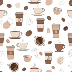 Inviting seamless vector pattern design featuring various coffee cups, mugs, and scattered beans, ideal for beverage themes, cafe decor, and digital backgrounds