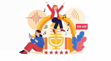 Fototapeta premium Vector illustration of a podcast team celebrating a five-star rating, featuring women with a microphone and headphones for digital communication