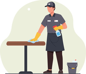 Person in uniform cleaning a table with spray bottle and cloth.