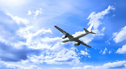 Obraz premium Modern Passenger Jet Airplane Soaring Through a Bright Blue Sky with Fluffy White Clouds, Symbolizing Global Travel and Business