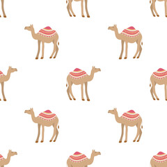 Seamless camel pattern with traditional saddle, exotic desert animal design for textile, wallpaper, and travel themes.
