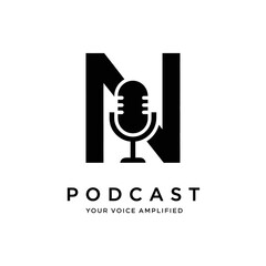 Fototapeta premium Creative initial N podcast logo design with a microphone icon. A simple black vector sign or emblem for an audio studio or media company