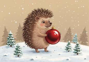 A cute hedgehog with a Christmas ball in the forest . Generative AI