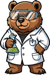 Smart Cartoon Bear Scientist Holding Erlenmeyer Flask Illustration