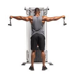Focused on fitness, a muscular man executes a lateral raise exercise on a cable machine