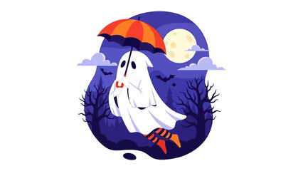 Whimsical Halloween Ghost with Umbrella: A charming ghost floats gracefully, holding an umbrella beneath a luminous full moon, invoking the playful spirit of Halloween. 