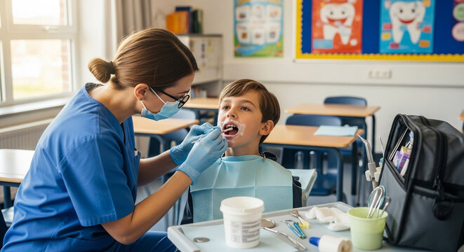 Dentist examining a young boys teeth in a classroom setting - Powered by Adobe