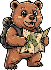 Fototapeta premium Cute Cartoon Bear Explorer with Map and Backpack