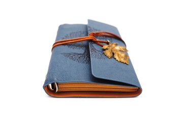 Blue leather journal notebook, vintage design, personal writing diary, embossed cover, leaf charm, creative sketchbook, travel organizer, daily planner for notes, elegant stationery accessory for offi