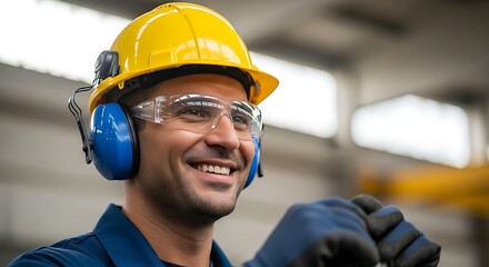 A smiling male construction worker wearing a yellow hard hat, safety glasses, and blue ear defenders, ready for a day of work in a factory or industrial setting