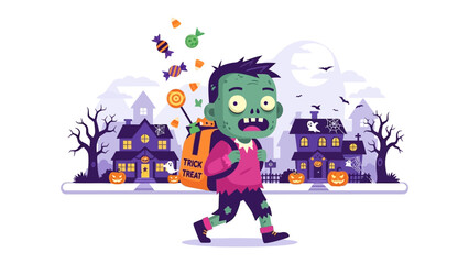 Trick-or-Treat Zombie: An animated zombie happily parades in a cartoon Halloween setting with falling treat, bag in hand. A whimsical and playful scene, celebrating the spooky holiday spirit.