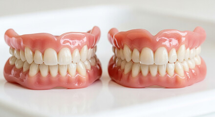 Obraz premium Two sets of dentures on a white surface isolated on white background