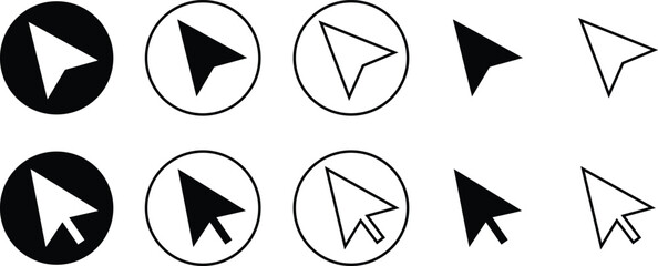 Cursor mouse pointer icon set collection group in black flat and line style, arrow click navigation symbol pack, web UI interface computer pointer sign bundle, silhouette outline illustration vector