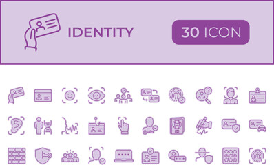 Collection of 30 identity and security related icons in purple.